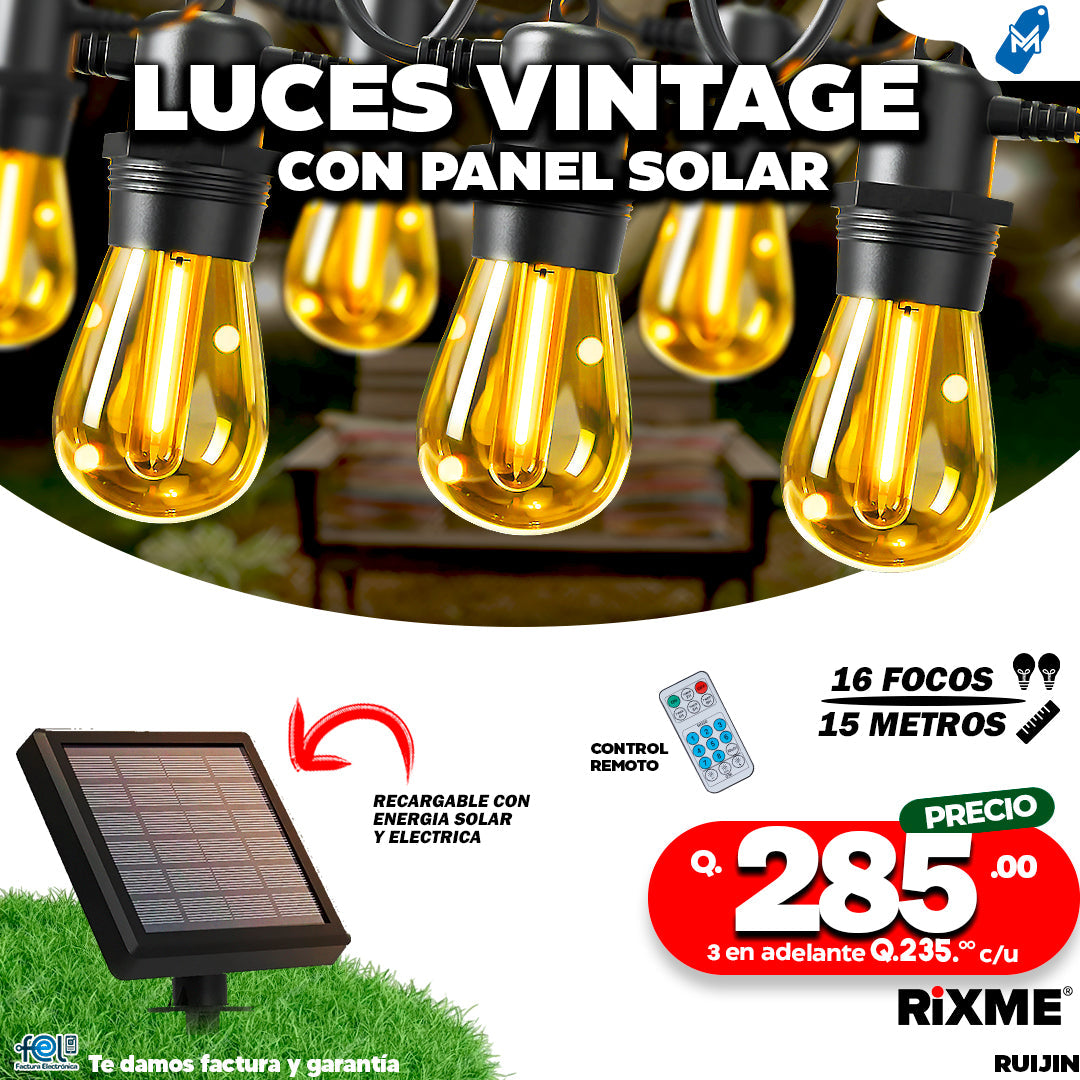 Focos Vintage Solares 16 Focos Y 15 Metros De Doble Funcion