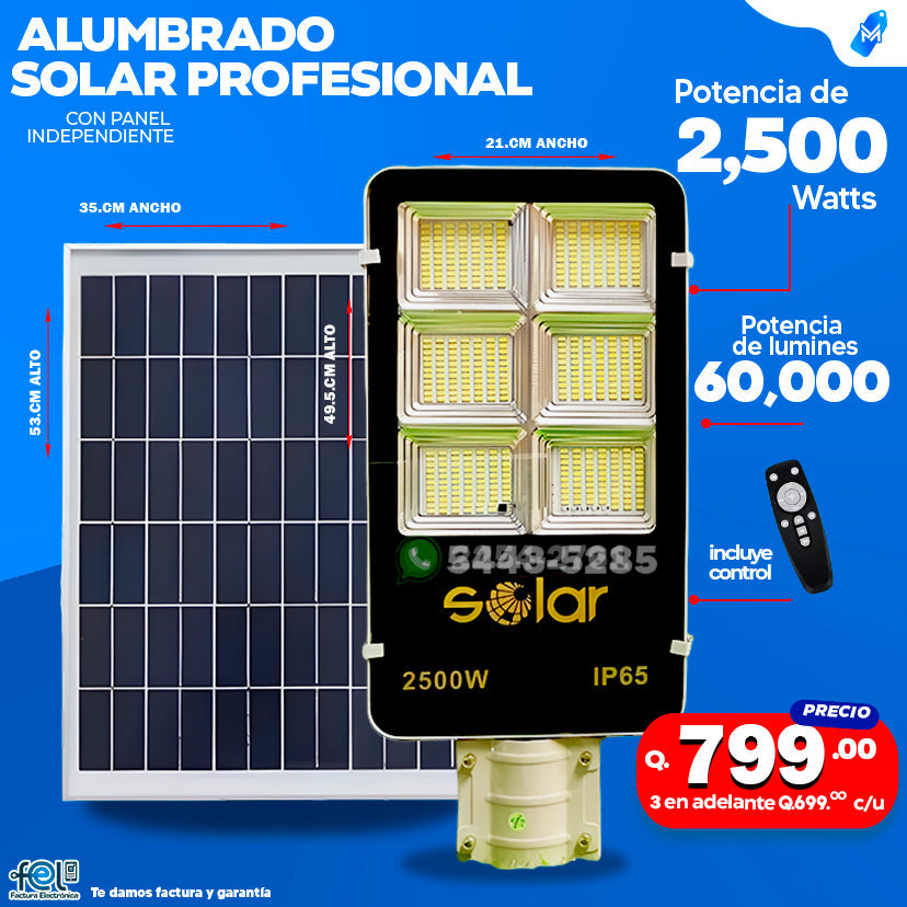Alumbrado Solar Profesional con Panel Independiente de 2500 Watts