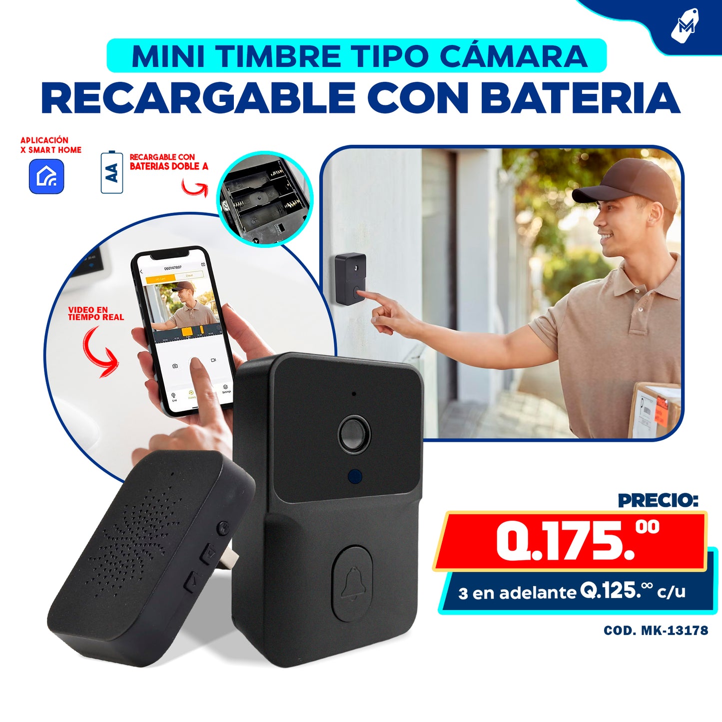 Mini Timbre Wifi Tipo Cámara recargable