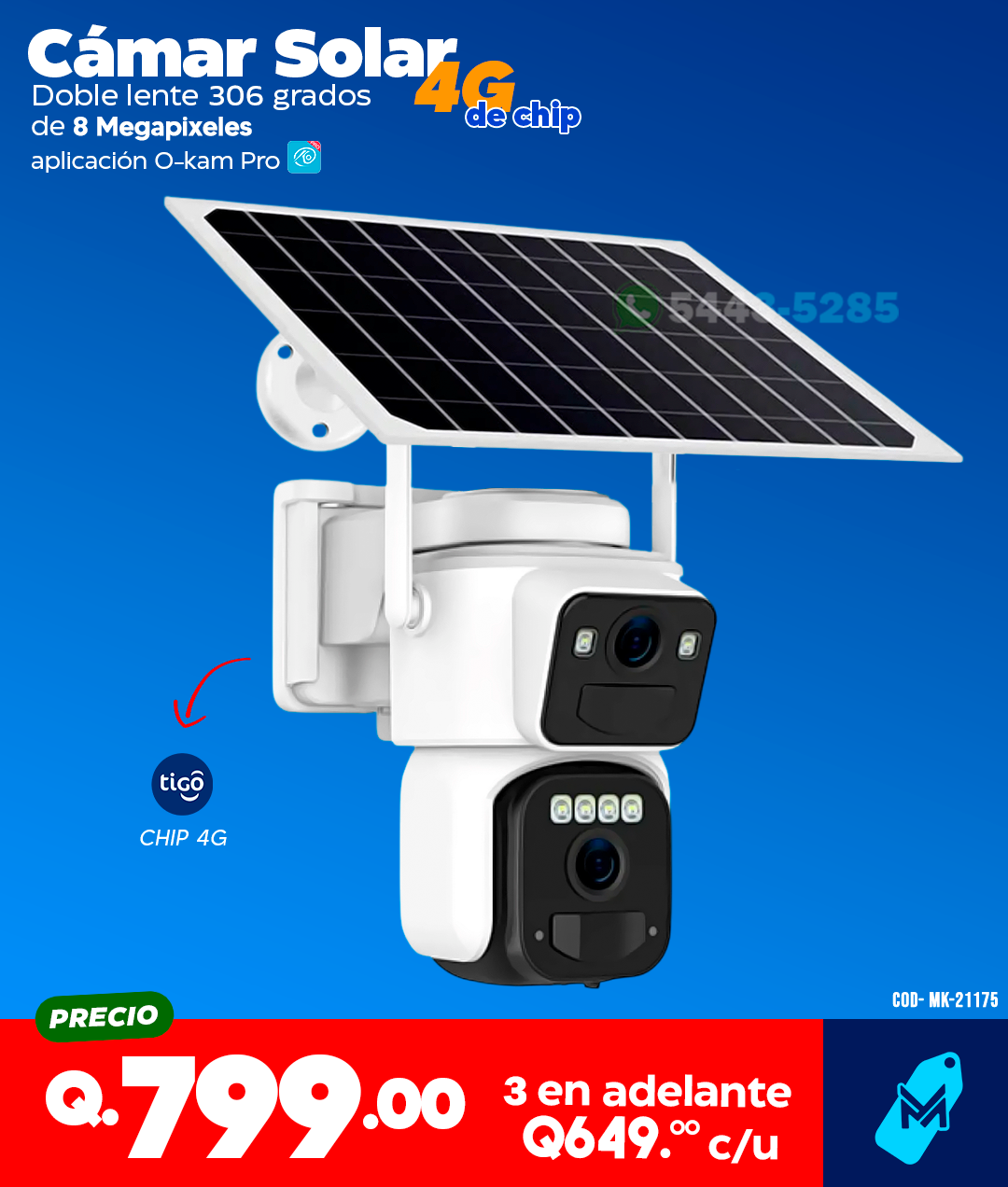 Cámara Solar Doble lente con Chip 4G - 8 MPX de 306 grados