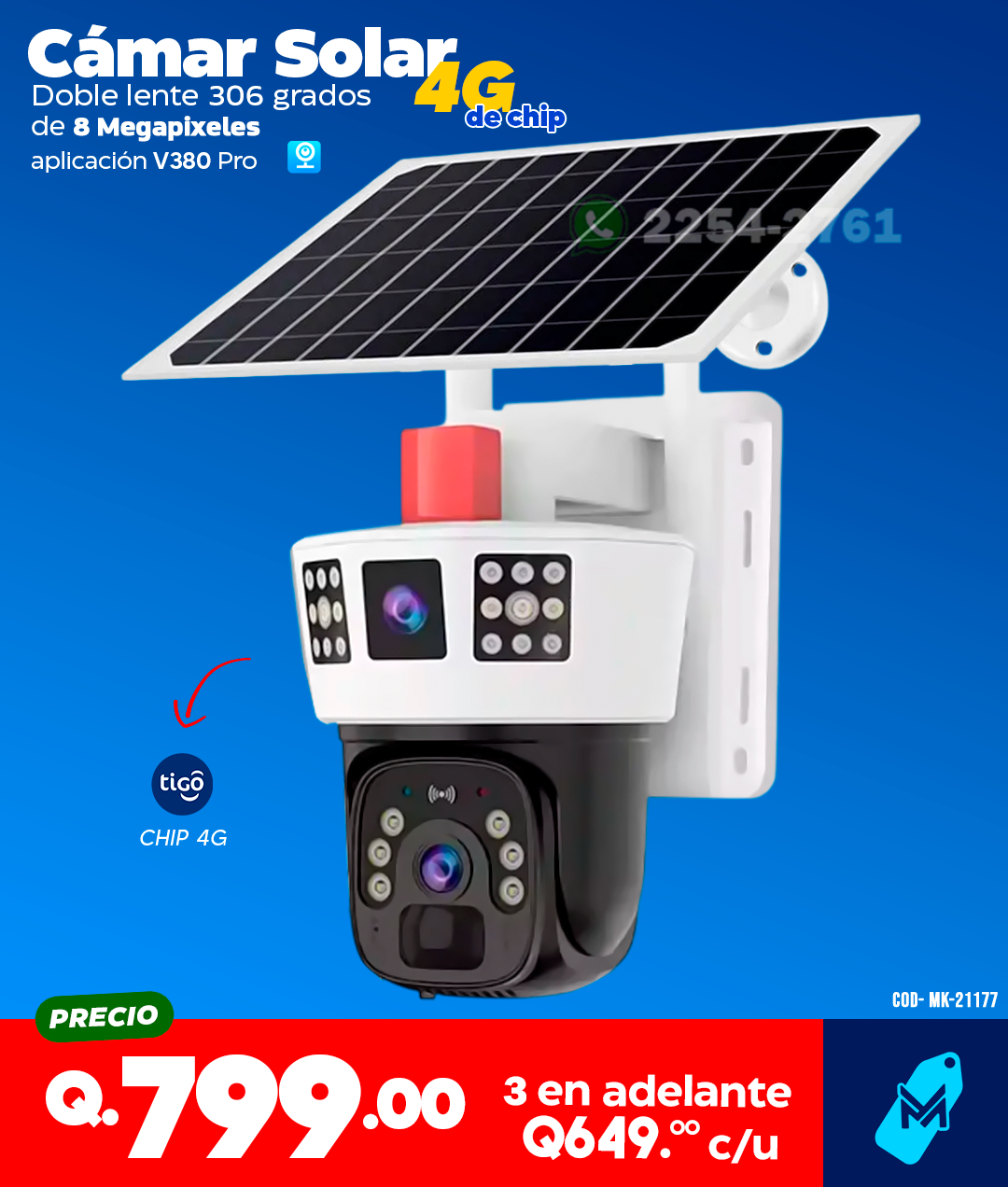 Cámara Solar Doble lente con Chip 4G - 8 MPX con sirena integrada