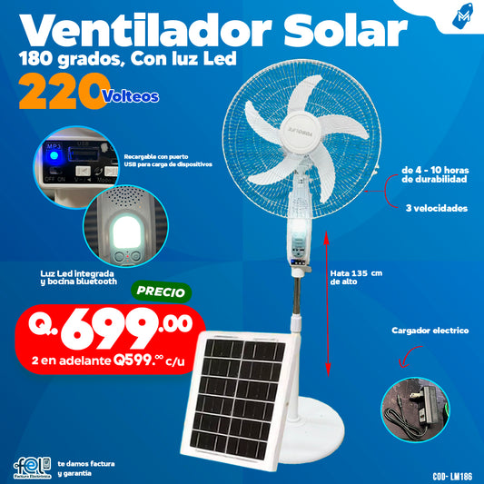 Ventilador Solar 180 Grados, Con luz Led