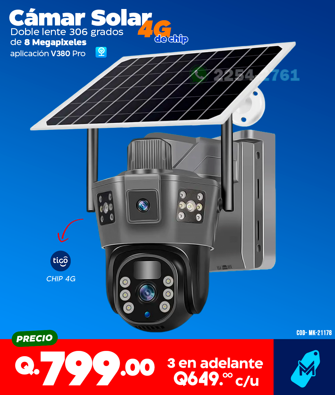 Cámara Solar Doble lente con Chip 4G - 8 MPX con luz led