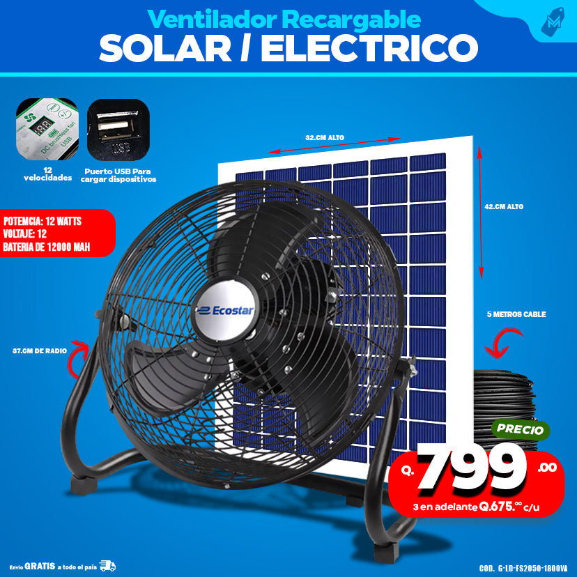 Ventilador Recargable Solar / Eléctrico