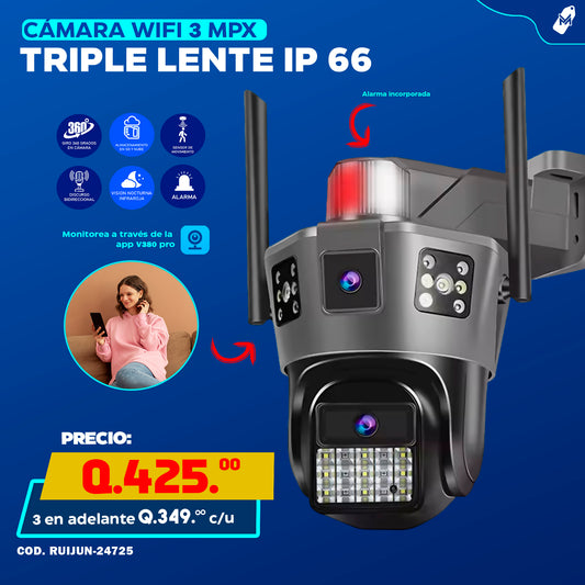 Cámara Wifi 3 MPX Triple Lente IP 66