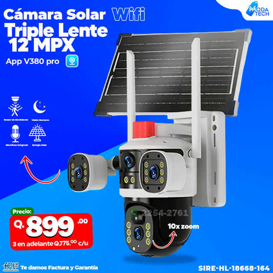 🎥🌞 CÁMARA SOLAR WIFI – TRIPLE LENTE 12 MPX